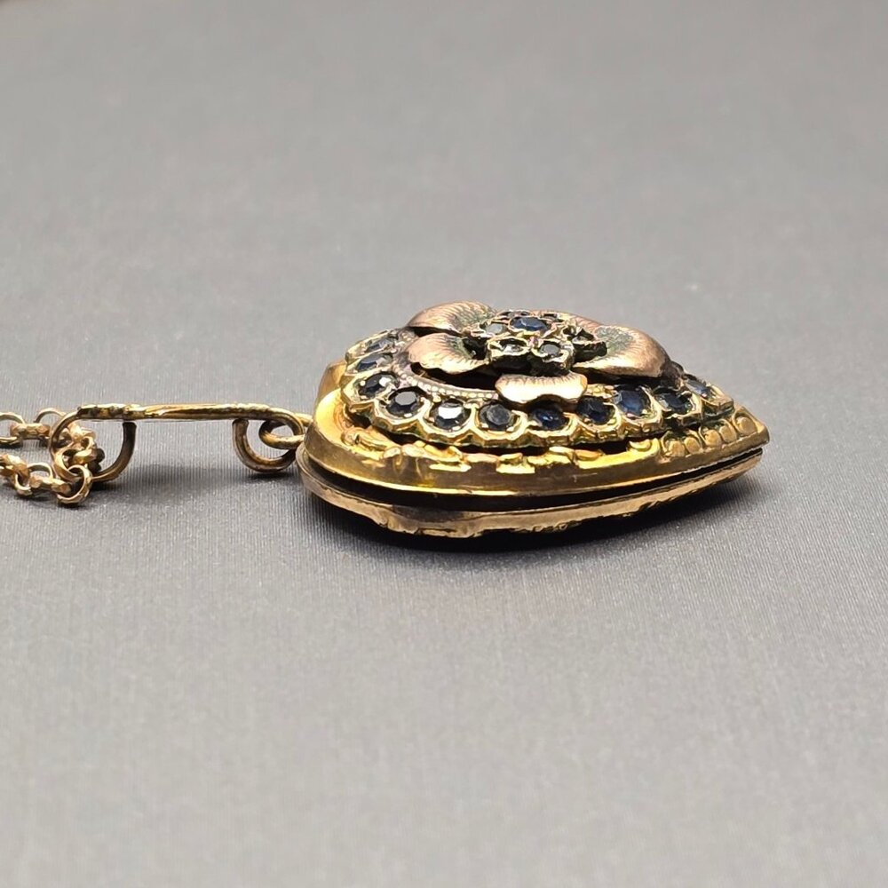 Victorian 12K Gold Filled Heart Locket Necklace Old Mine Cut Blue Paste Stones - Picture 9 of 16